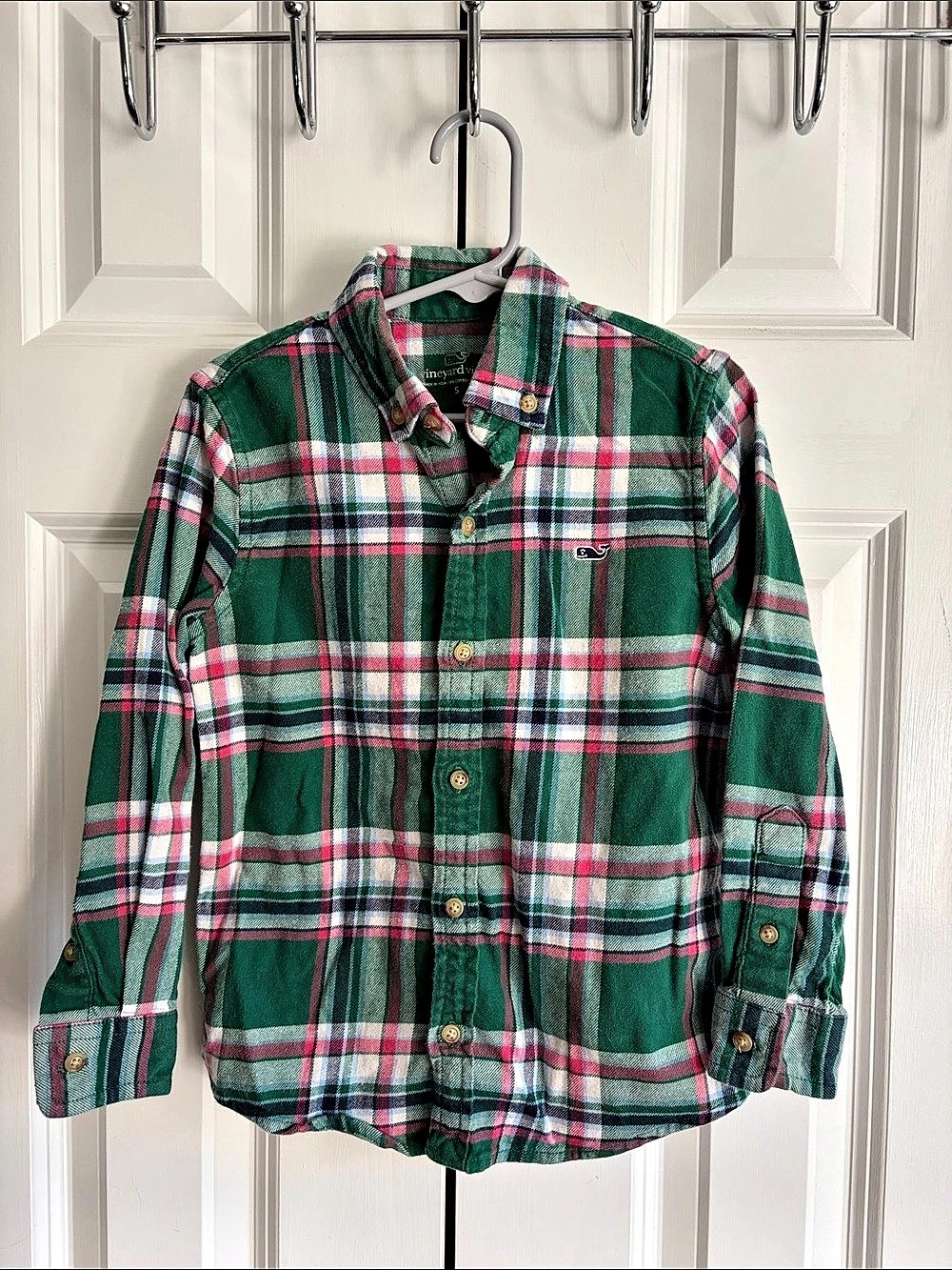 vineyard vines Boys Plaid Flannel Shirt Green & Red/Pink size 5